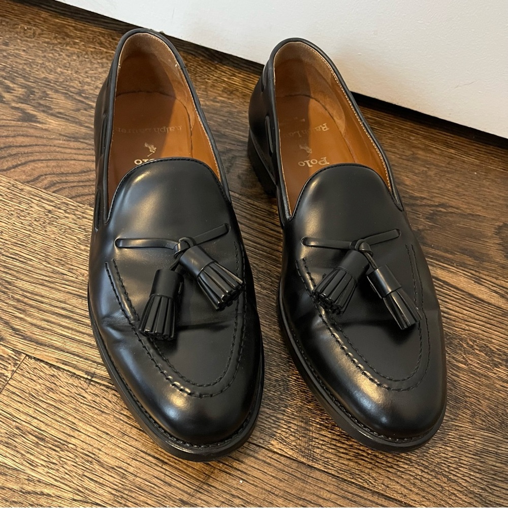 Polo by Ralph Lauren Black Leather Men's Loafers Maestra Tassel Calfskin shoe 8